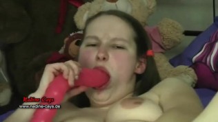 Hot Double Dildo Masturbation with Hairy Teen Nadine Cays – loud Orgasm !